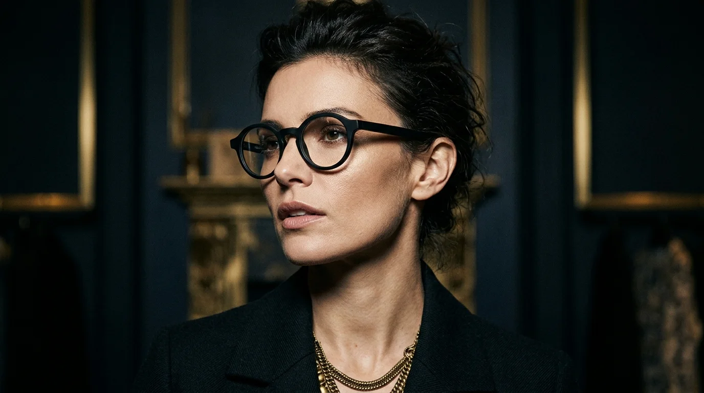 Modische Frau mit eleganter Brille im dunklen, dramatischen Look - Brillen Galerie Uedem